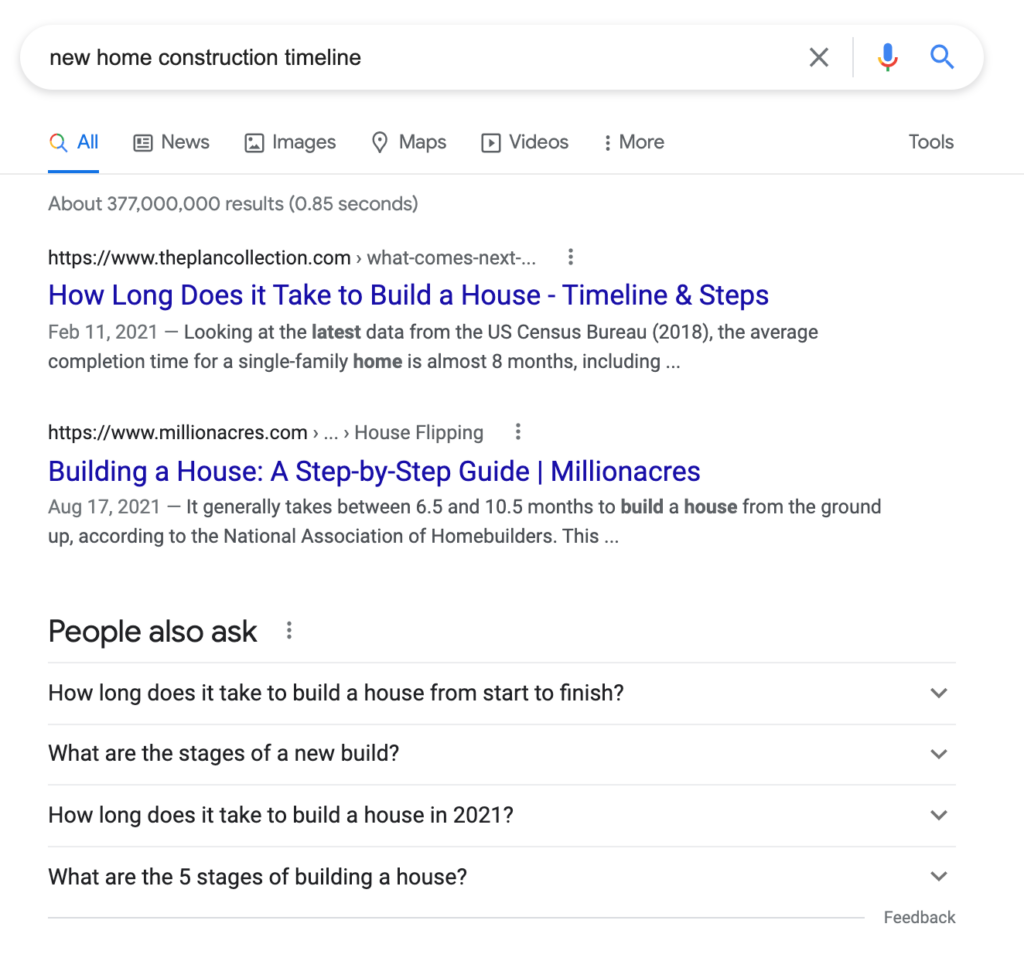 new home construction timeline SERP