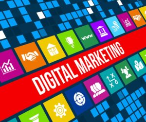 Digital graphic with brightly colored icons representing different types of digital marketing
