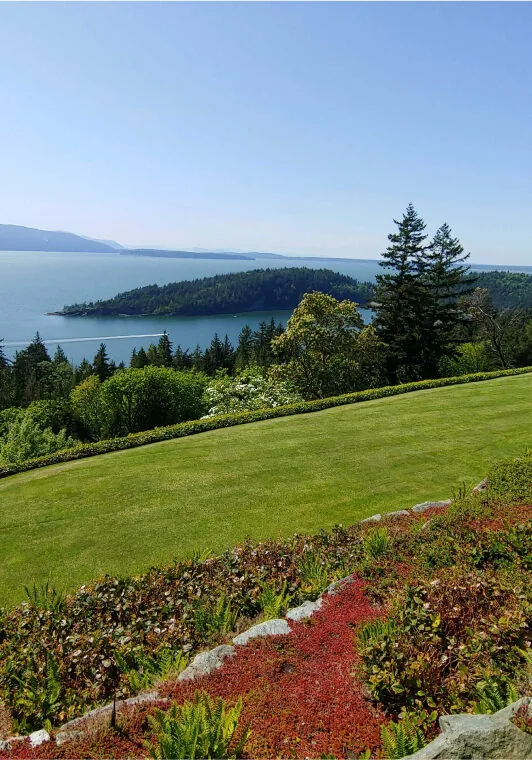 Maintained lawn and planting beds overlooking the Salish Sea