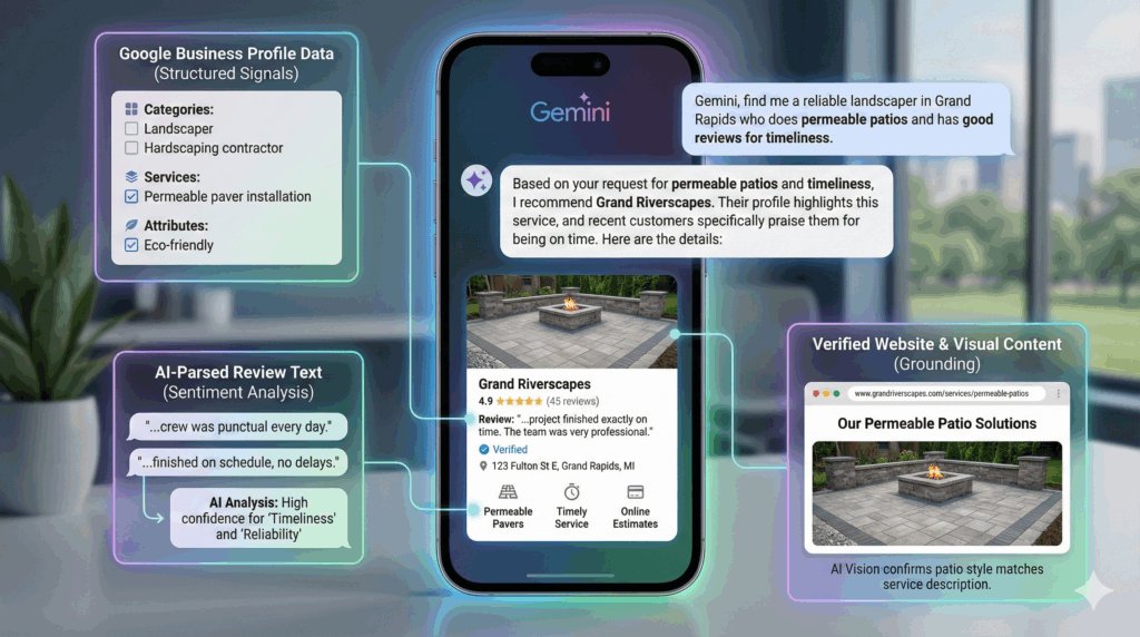 An AI-generated infographic showing a smartphone screen where a user asks Google Gemini for a "reliable landscaper in Grand Rapids who does permeable patios and has good reviews for timeliness." Gemini recommends "Grand Riverscapes," with a rich profile card. Connecting glowing lines link the recommendation to three floating panels explaining the data sources: "Google Business Profile Data (Structured Signals)" for specific services and attributes; "AI-Parsed Review Text (Sentiment Analysis)" which pulls quotes about timeliness; and "Verified Website & Visual Content (Grounding)" which shows a corresponding service page and photo on the business's website.