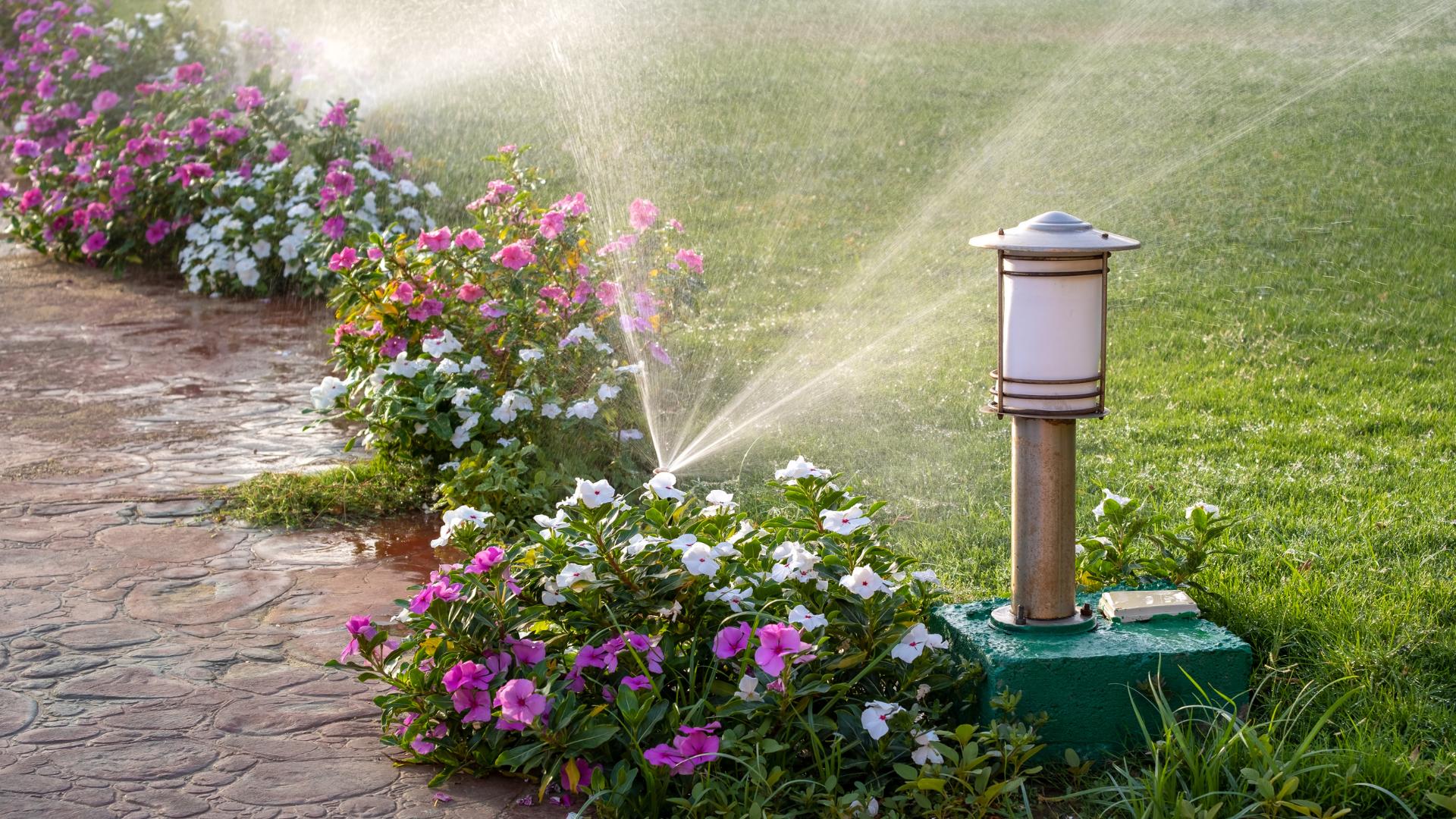 Sprinkler system watering a lawn and flower bed