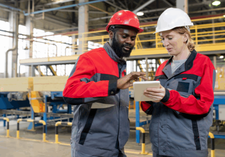 Multi-ethnic coworkers in hardhats using tablet while discussing manufacturing issues at construction plant