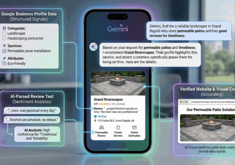 An AI-generated infographic showing a smartphone screen where a user asks Google Gemini for a "reliable landscaper in Grand Rapids who does permeable patios and has good reviews for timeliness." Gemini recommends "Grand Riverscapes," with a rich profile card. Connecting glowing lines link the recommendation to three floating panels explaining the data sources: "Google Business Profile Data (Structured Signals)" for specific services and attributes; "AI-Parsed Review Text (Sentiment Analysis)" which pulls quotes about timeliness; and "Verified Website & Visual Content (Grounding)" which shows a corresponding service page and photo on the business's website.